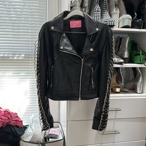 Azelea Wang faux leather moto jacket with metal o-rings on sleeves. Size M